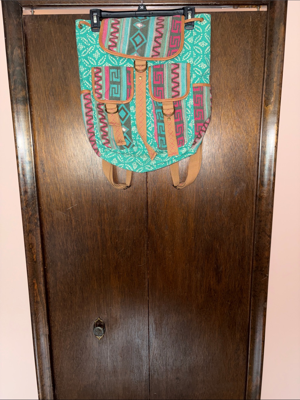 Source Unknown Turquoise Patterned Canvas Backpack With Pink And Brown Accents